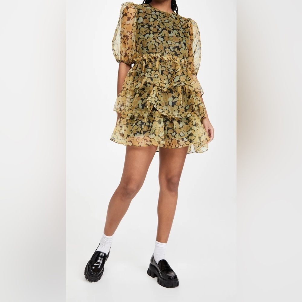 Ganni Yellow Puff Sleeve Mini Dress